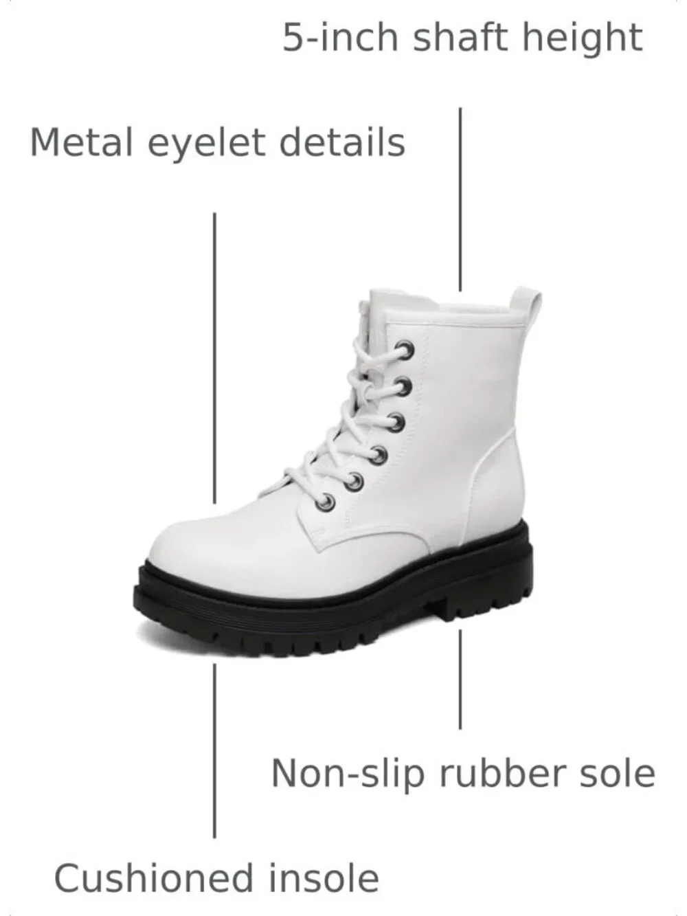 Dream Pairs Women's White Closed Toe Side Zipper Combat Lace Up Ankle Boots